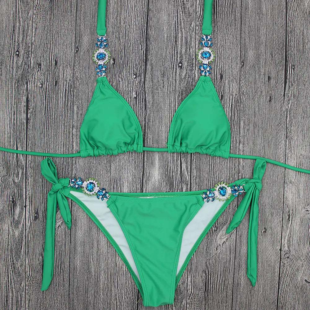 Crystal Diamond Strappy Swimsuit Swimwear Set