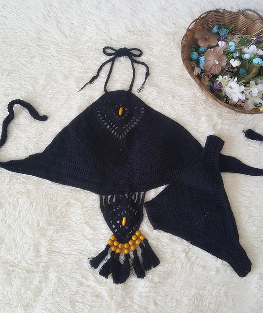 Swimwear Set with Handmade Crochet Tassels