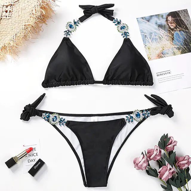 Crystal Diamond Strappy Swimsuit Swimwear Set